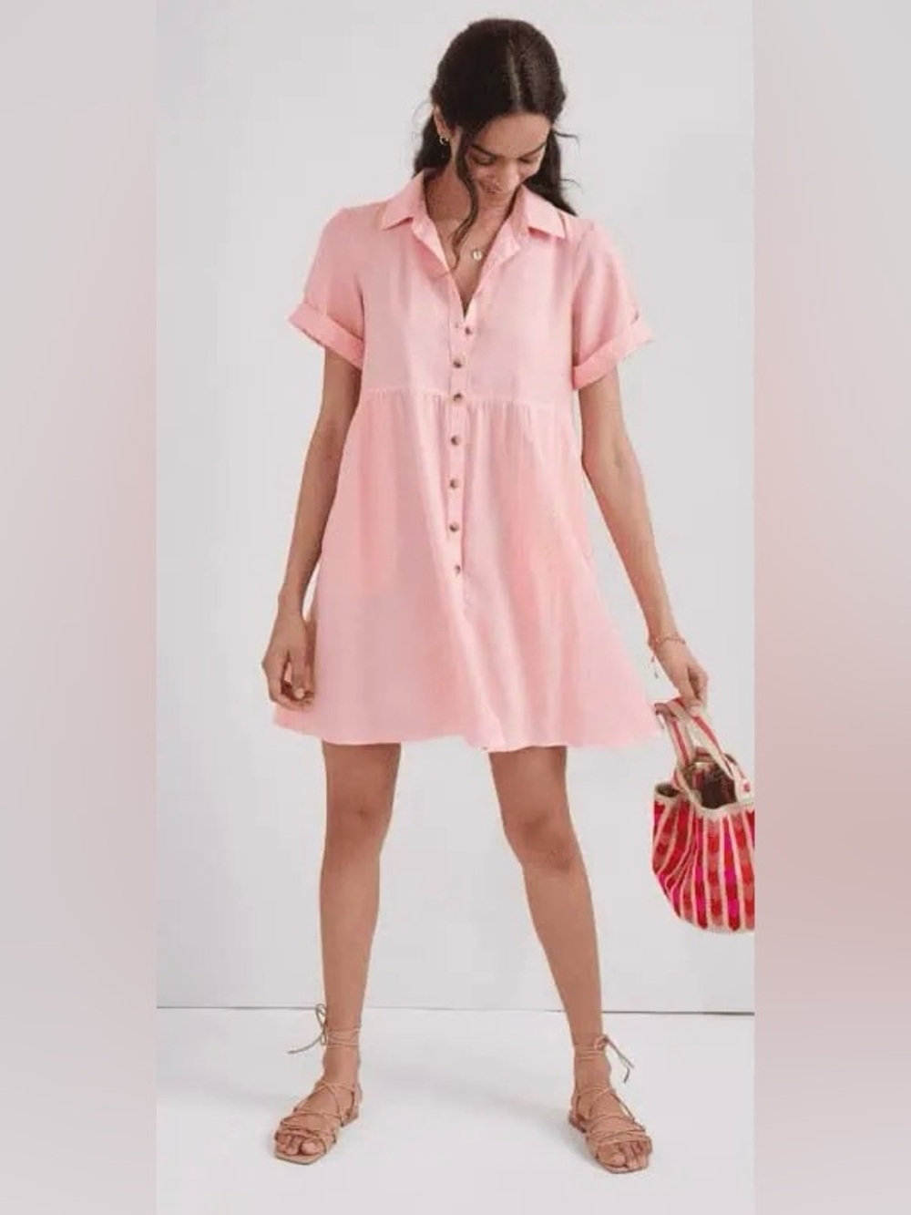 Anthropologie Pilcro Suzanne Tiered Shirt Dress Button Front in Pink